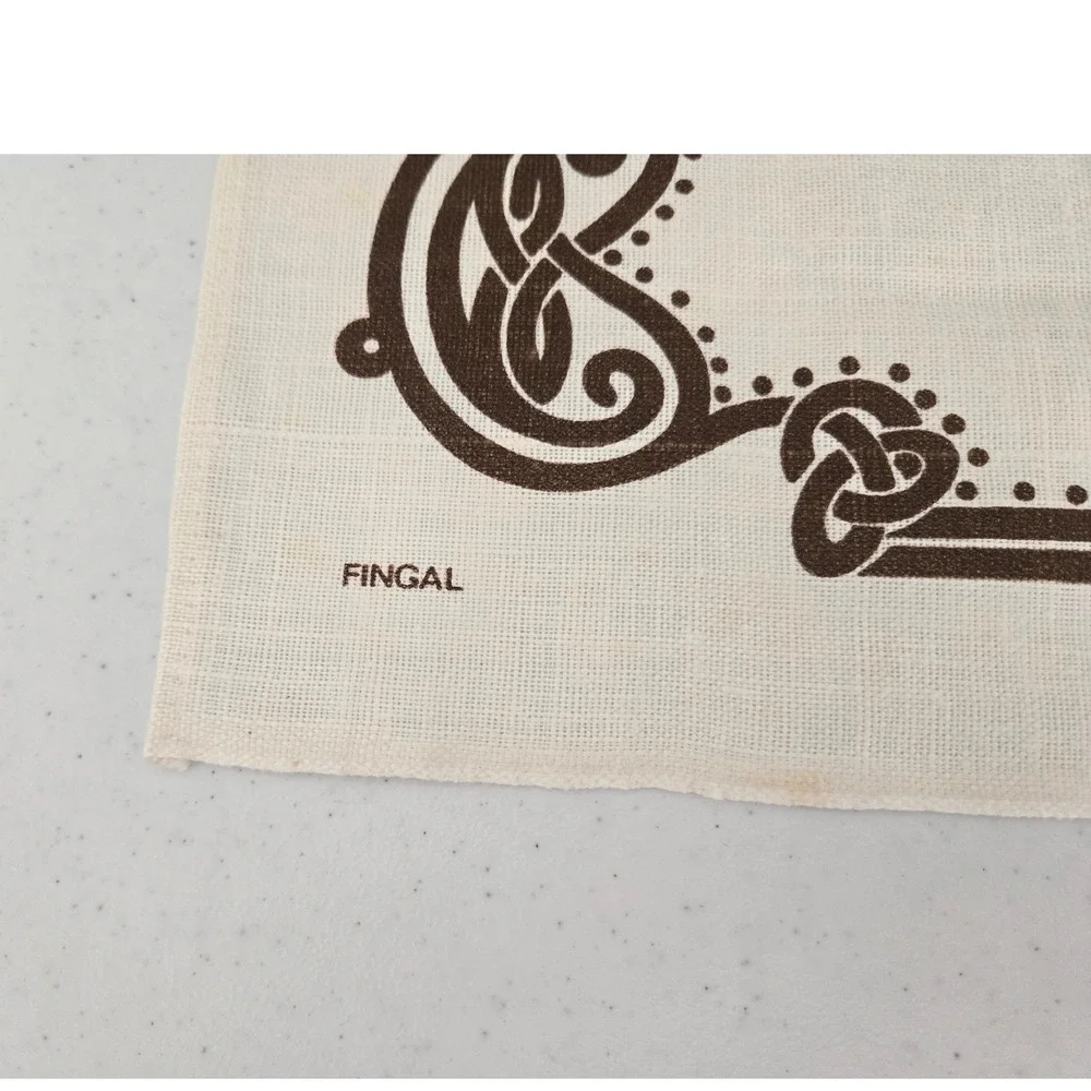 Vintage Fingal Tea Towel Cream Brown Irish Linen Harp Celtic Knot Ireland 18x30